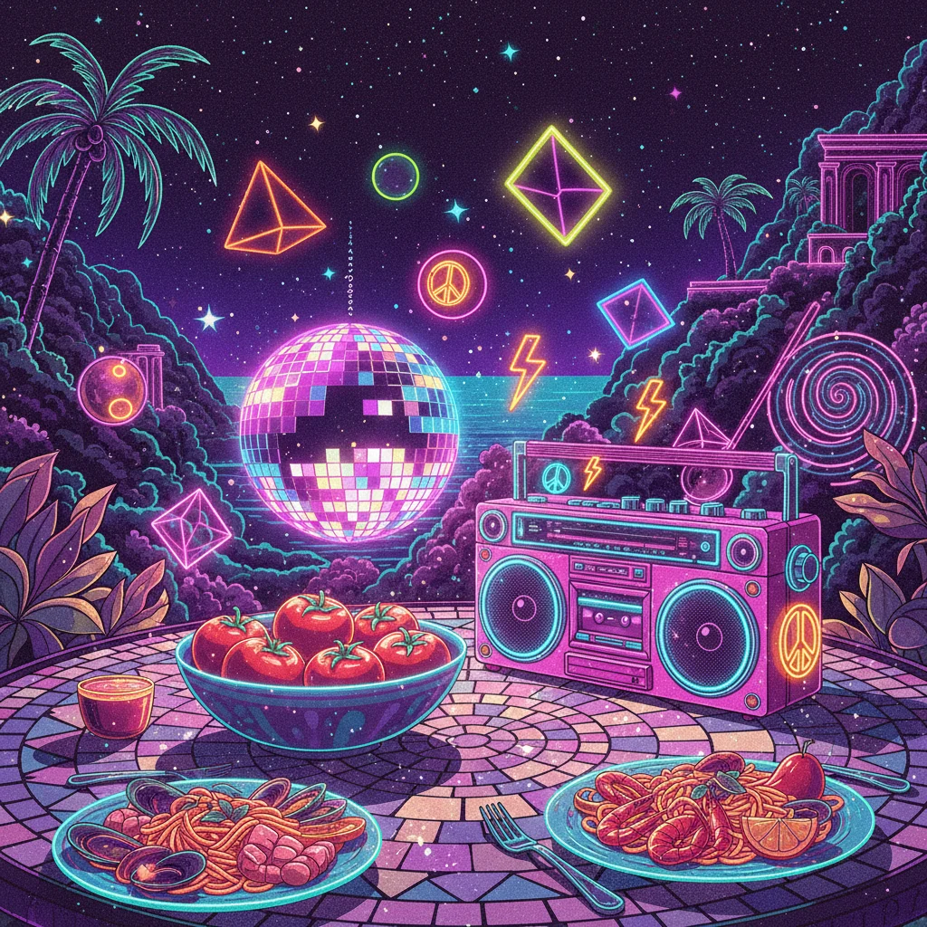 A maximalist 80s retro-futuristic Mediterranean lunch setting